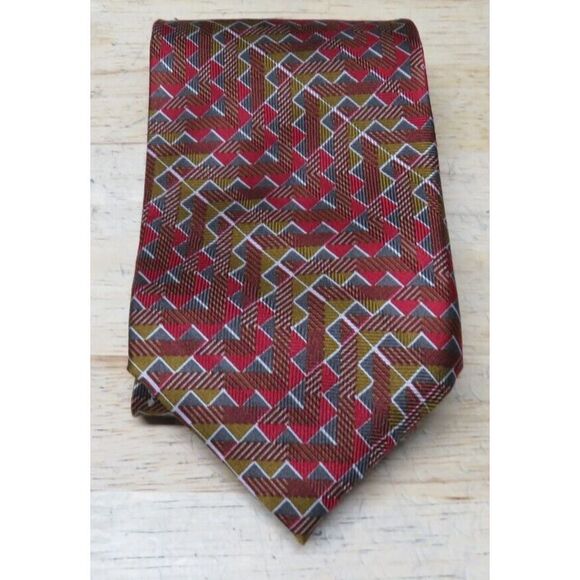 Mens Jhane Barnes Silk Neck Tie Multicolor Geometric Red Brown Made in Japan - Picture 10 of 10